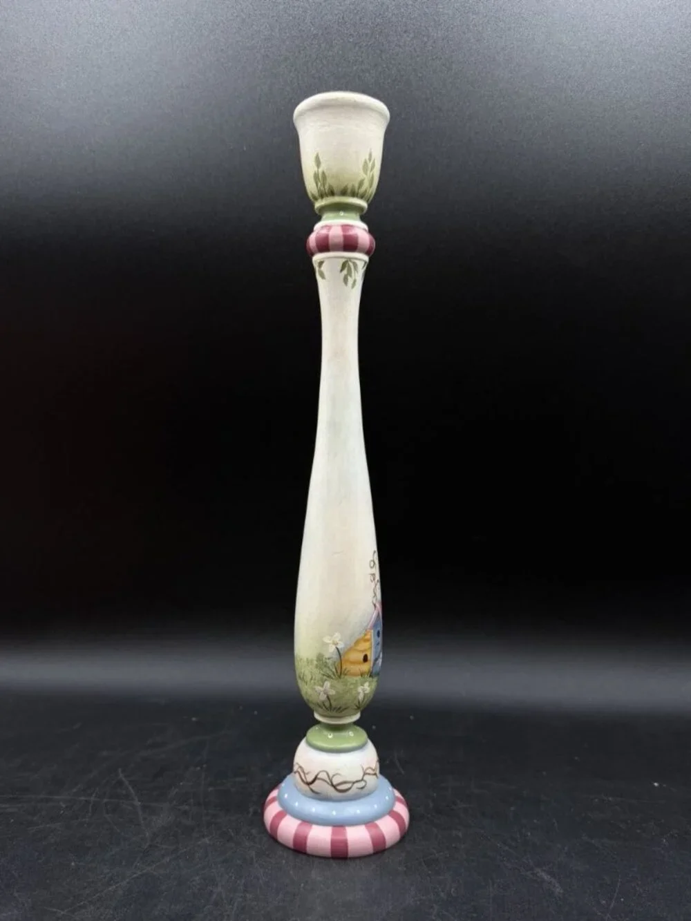 M Scofield 2004 Wooden Candle Stick Holder 11” Birdhouse Cottagecore Vintage